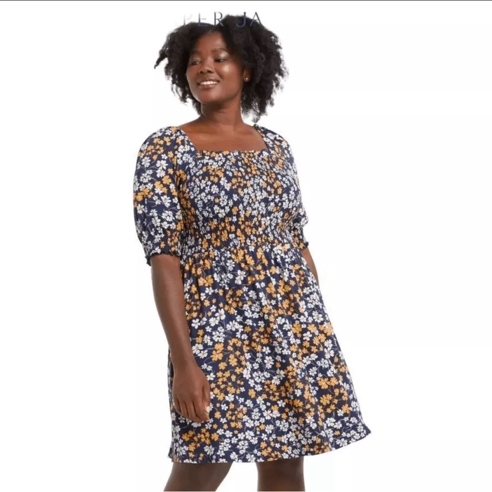 Draper James Jo Dee Navy Blue Floral Smocked Dress in Fall Field Flowers XS